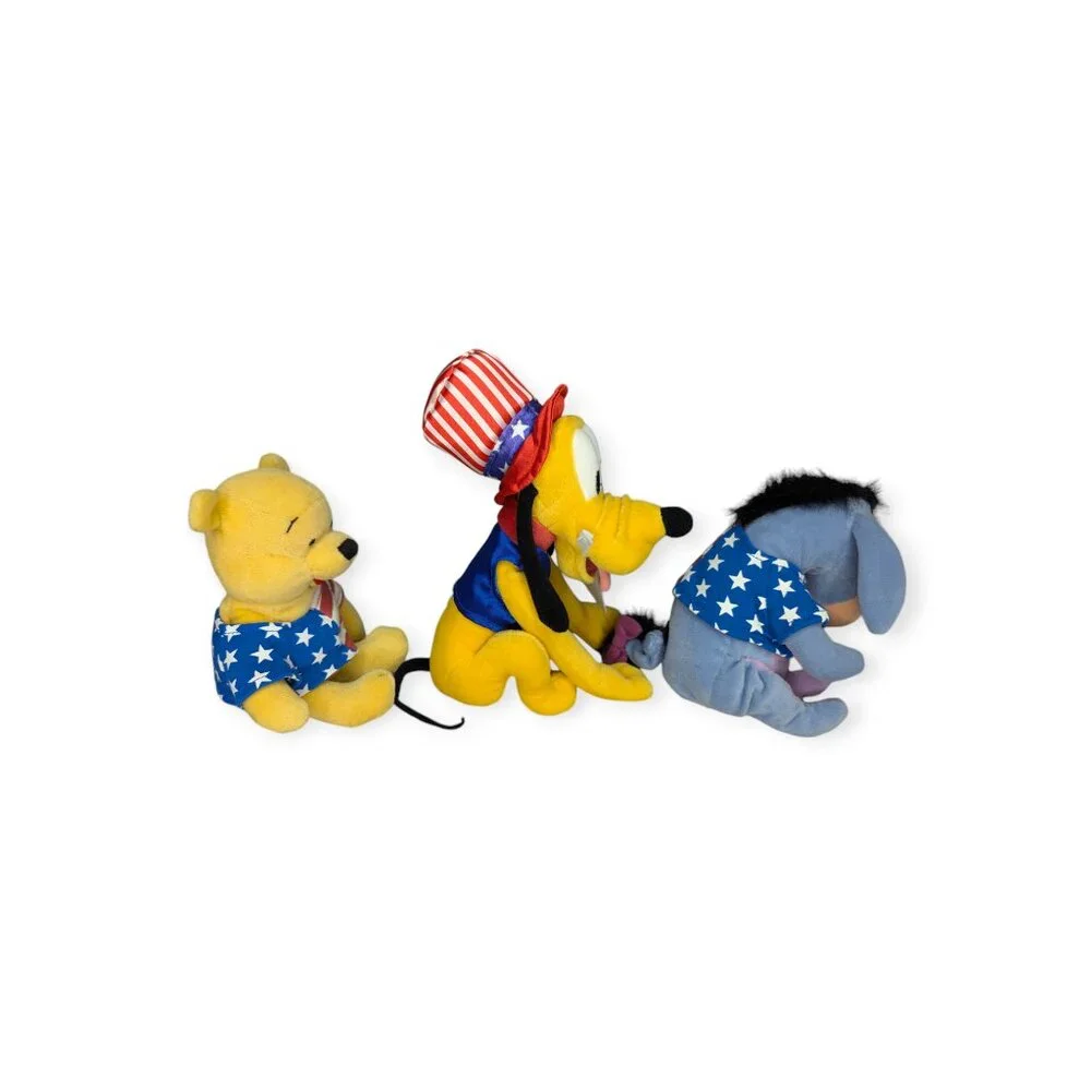 Vintage Disney Store Patriotic Beanie Plush Characters Pluto, Pooh & Eeyore